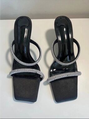 Women’s Black Rhinestone Strap Heeled Sandals